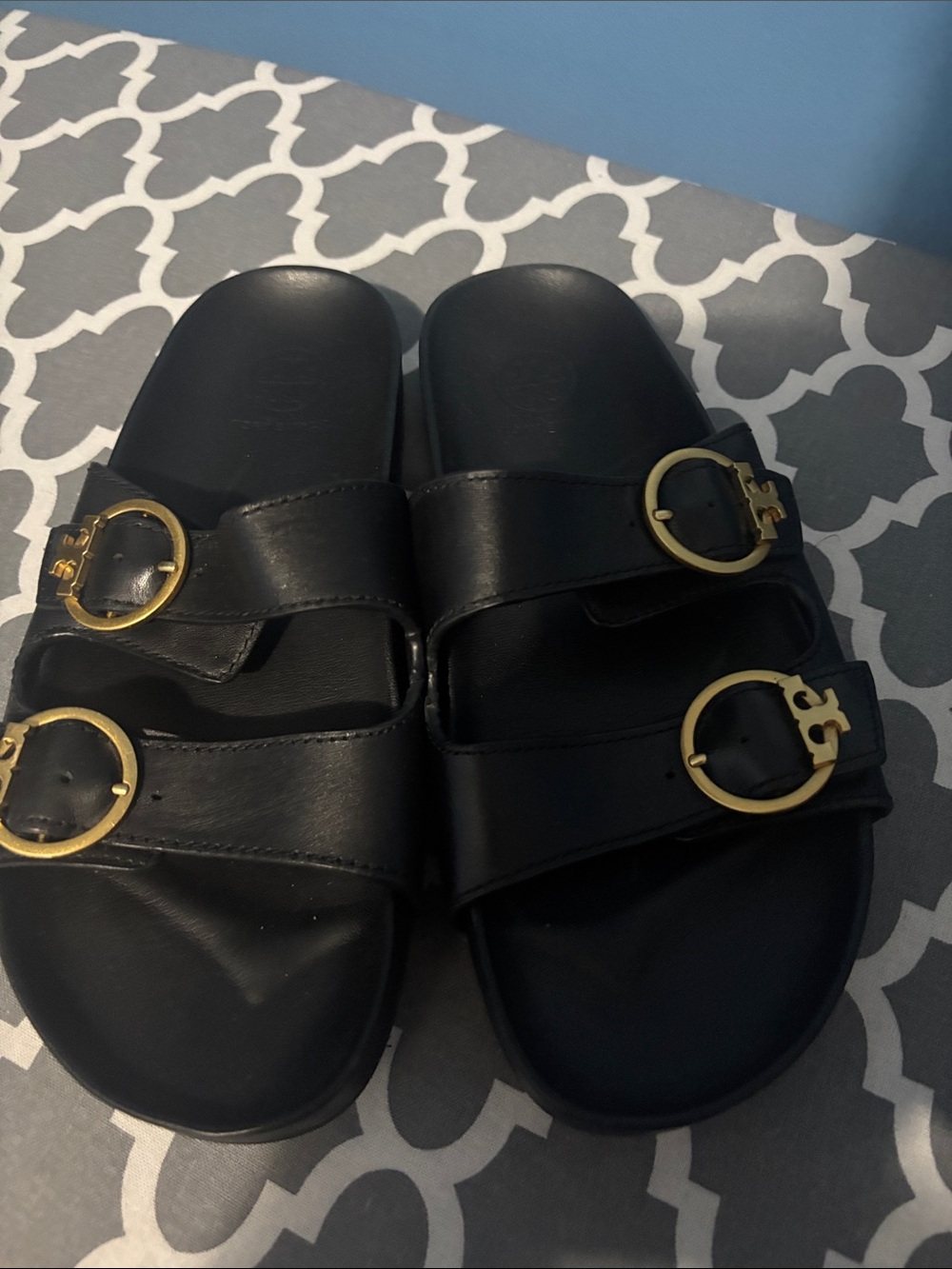 Tory Burch Black Leather Double-Buckle Slide Sandals with Gold Hardware